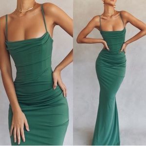 House of CB Milena Stretch Crepe Corset Maxi Dress Forest Green- NWT L